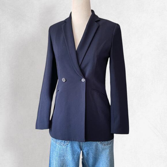 Vintage Double Breasted Blazer Suit Jacket 4P Navy Blue Tailored Minimalist - Picture 3 of 10